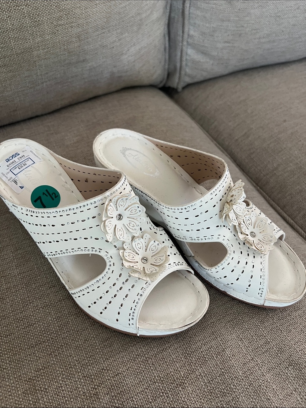 White Floral Leather Slide Sandals for Women